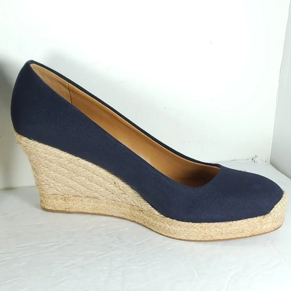 J. Crew Women's US 9 Canvas Navy Blue Wedge Pumps Espadrille Shoes New